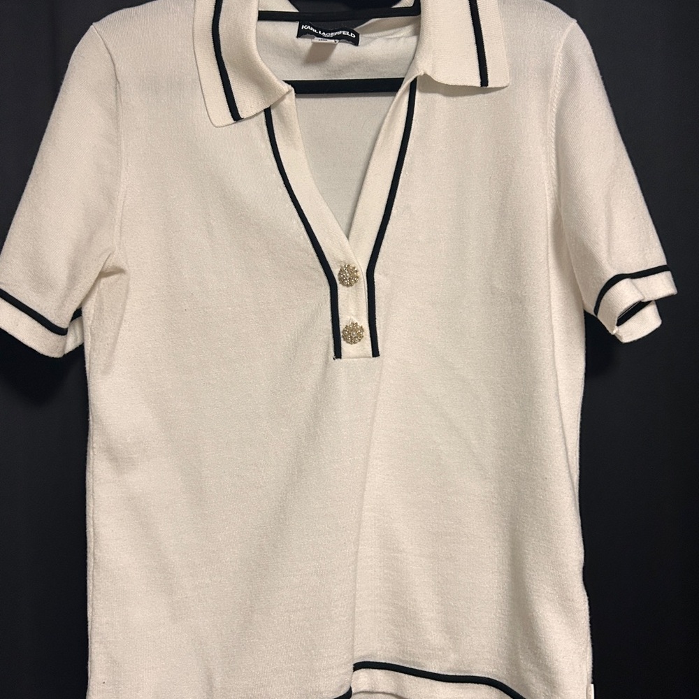 Karl Lagerfeld Cream Short Sleeve Top with Black Trim
